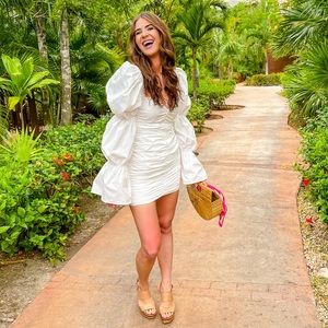 Long Gather Sleeve Sweetheart Neck Front Ruched Bodycon Mini Dress